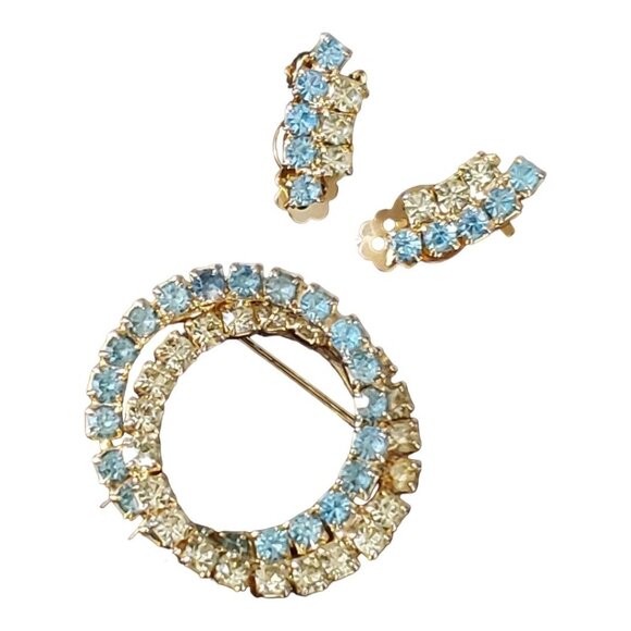 Uranium Demi-Parure Clip Earrings Double Ring Infinity MCM Pin Brooch Crystal - Picture 1 of 13